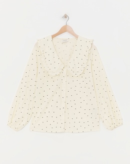 Womens Collar Detail Frill Button Through Blouse - Cream Spot