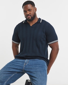Navy Knitted Open Neck Polo