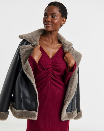 V Neck Long Sleeve Ruched Rib Dress