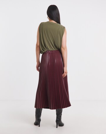 Burgundy PU Pleated Midi Skirt