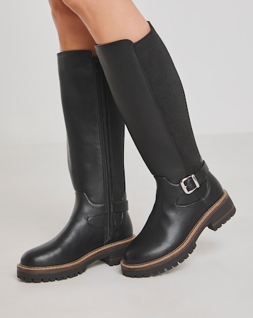 Apollo Knee High Elasticated Boots Buckle Detail - Wide Fit (E) & Curvy Calf