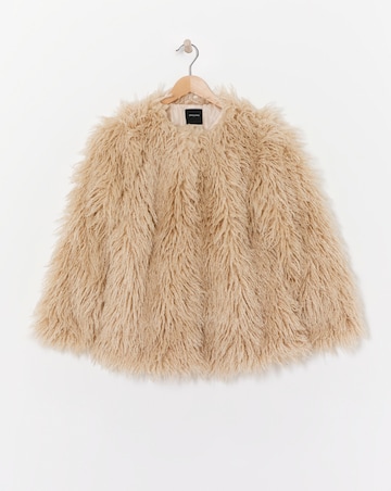 Cream Collarless Shaggy Faux Fur Coat