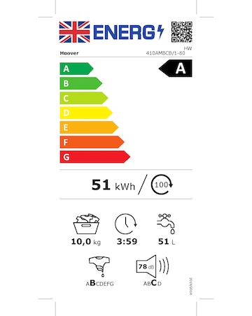 Hoover H-WASH 500 HW410AMBCB 10kg Washing Machine, 1400 RPM spin, A rated, black