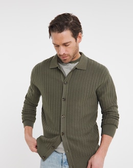 Khaki Soft Touch Textured Collared Cardigan