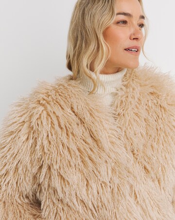 Cream Collarless Shaggy Faux Fur Coat