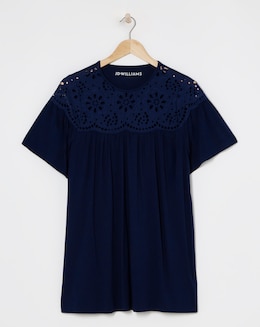 Navy Broderie Yoke Angel Sleeve Longline Top