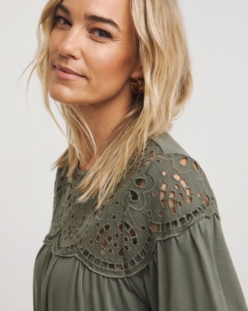 Khaki Broderie Yoke Angel Sleeve Longline Top