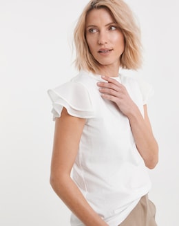 Pure Cotton White Crew Neck Chiffon Sleeve Top