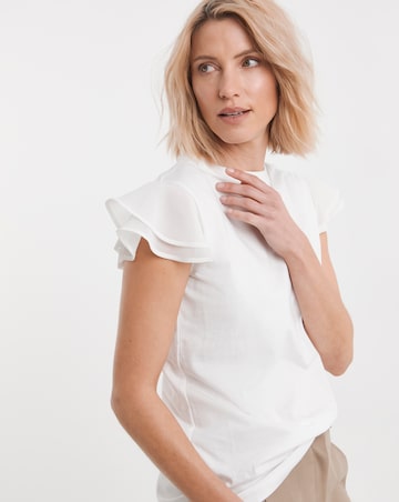 Pure Cotton White Crew Neck Chiffon Sleeve Top