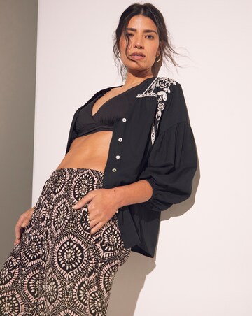 Mono Print Crinkle Shirred Waist Wide Leg Trousers