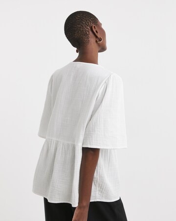 Trim Detail Pure Cotton Textured Short Sleeve Smock Top