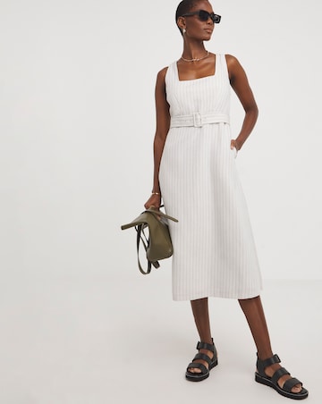 Pinstripe Linen Pinafore Dress With Detachable Belt
