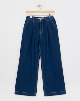 Mid Blue Pleat Front Wide Leg Jeans