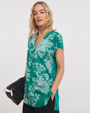 Green Floral Woven Front V-Neck Top