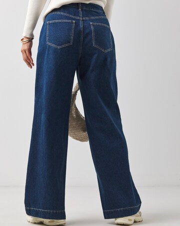 Mid Blue Pleat Front Wide Leg Jeans