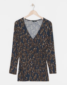 Print Ruched Sides V Neck Long Sleeve Top