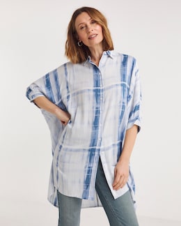 Blue Print Short Sleeve Oversized Blouse