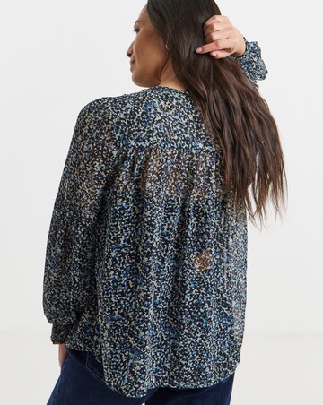 Womens Georgette Collarless Blouson Sleeve - Blue Abstract