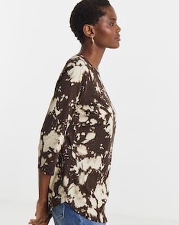 Brown Print Longline Curved Hem 3/4 Sleeve Top