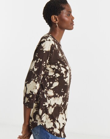 Brown Print Longline Curved Hem 3/4 Sleeve Top