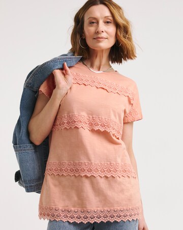Pink Lace Trim Short Sleeve Longline Top