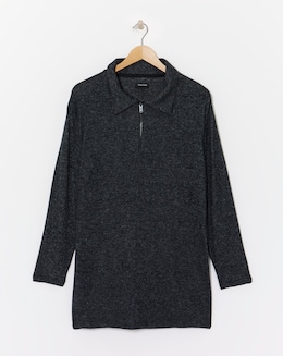 Collared Zip Front Long Sleeve Soft Touch Longline Top