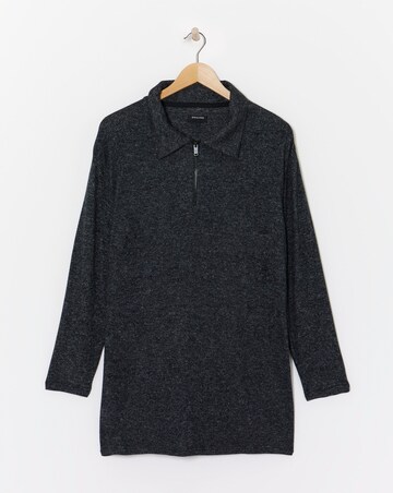 Collared Zip Front Long Sleeve Soft Touch Longline Top