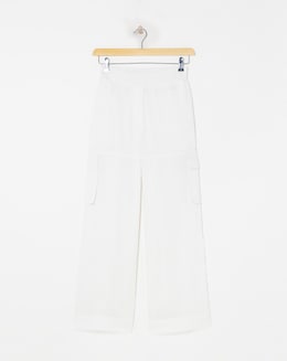White Linen Wide Leg Utility Trousers