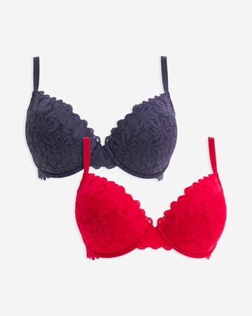 Pretty Secrets 2 Pack Daisy Lace Plunge Bras B-F - Grey/Red