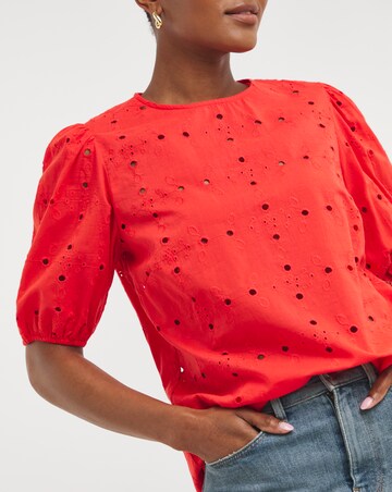 Raspberry Puff Sleeve Broderie Top