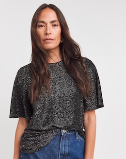 Black Crew Neck Angel Sleeve Glitter Knit Top