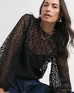 Womens Lace Bishop Sleeve Blouse - Black