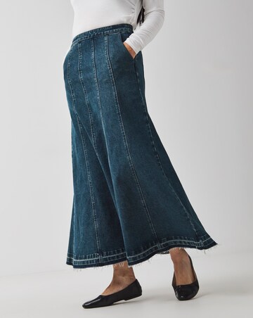 Indigo Raw Edge Fit and Flare Full Denim Skirt