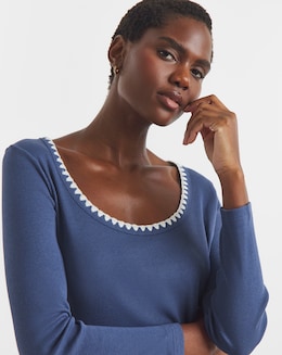 Scallop Neck Long Sleeve Rib Top