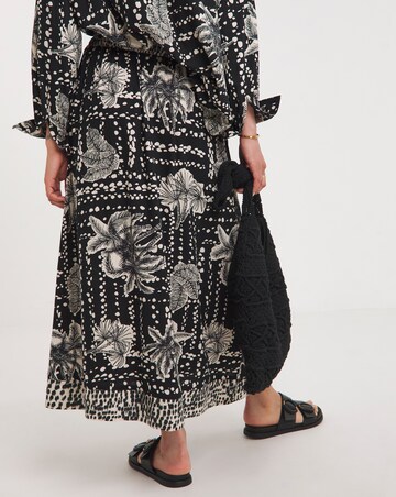Border Print Linen Mix Midi Wrap Skirt