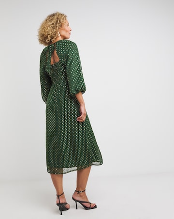 Puff Sleeve Tie Neck Lurex Dobby Dress