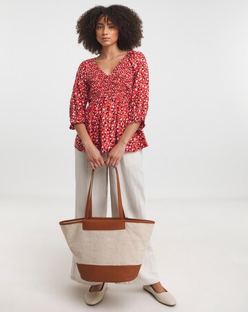 Red Print Shirred Bodice V Neck Top