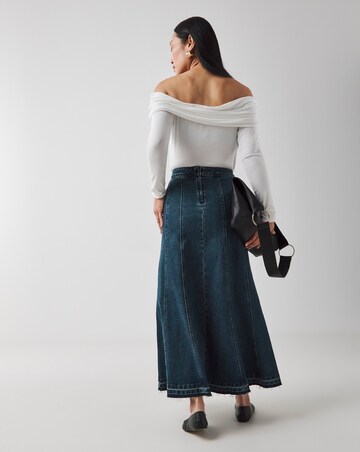 Indigo Raw Edge Fit and Flare Full Denim Skirt