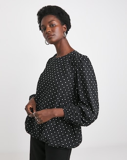 Crew Neck Blouson Sleeve Blouse - Black Spot