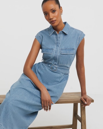 Blue Cap Sleeve Utility Midi Dress
