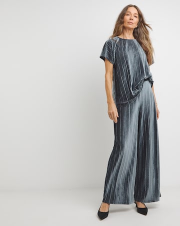 Grey Ribbed Velvet Jersey Wide Leg Pull On Trousers