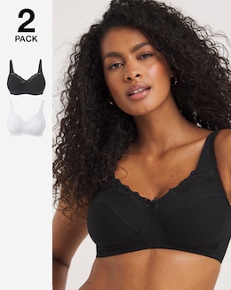 Pretty Secrets (2 Pack) Full Cup Non Wired Cotton Bras (B-G) White/Black