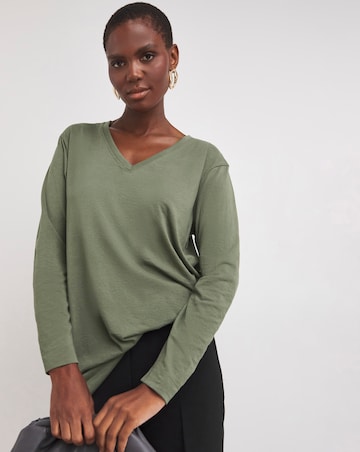 Khaki V-Neck Longline Split Hem Slouch T-Shirt