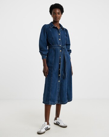 Pure Cotton Mid Blue Volume Sleeve Denim Midi Dress