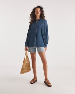 Dark Blue Volume Sleeve Soft Lyocell Denim Blouse