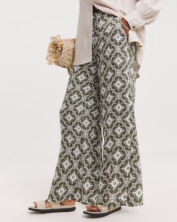Green Printed Spun Viscose Pull On Wide Leg Trousers