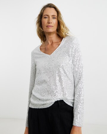 Sequin V-Neck Flare Sleeve Top