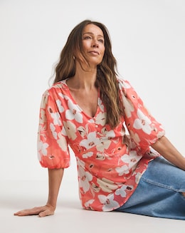 Floral Print Tea Blouse With Exposed Back