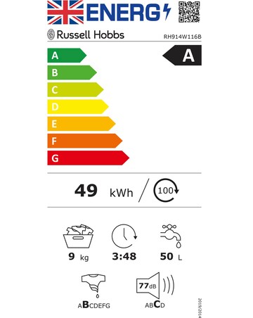 Russell Hobbs RH914W116B, 9kg, 1400rpm, Washing Machine - Black