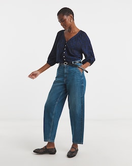 Printed Collarless Button Through Blouse